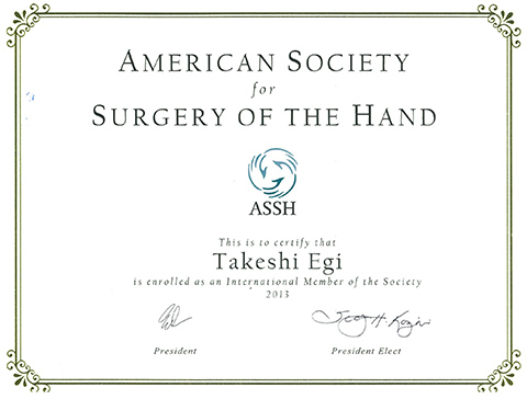 2013年 米国手外科学会(ASSH)の国際会員として登録